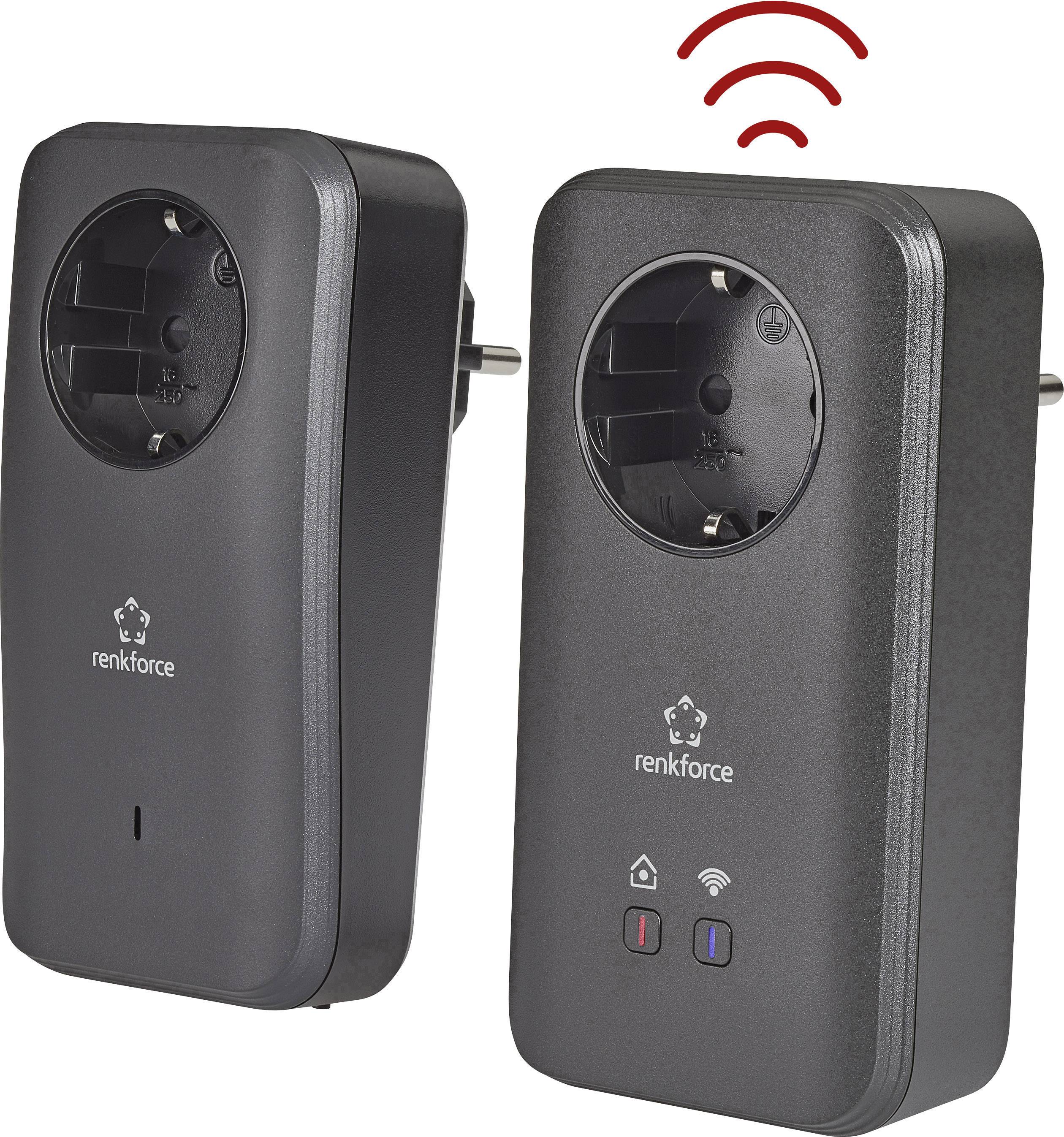 Two black Powerline adapters with socket functionality, red and blue buttons at the bottom. Wireless signal indicators above.