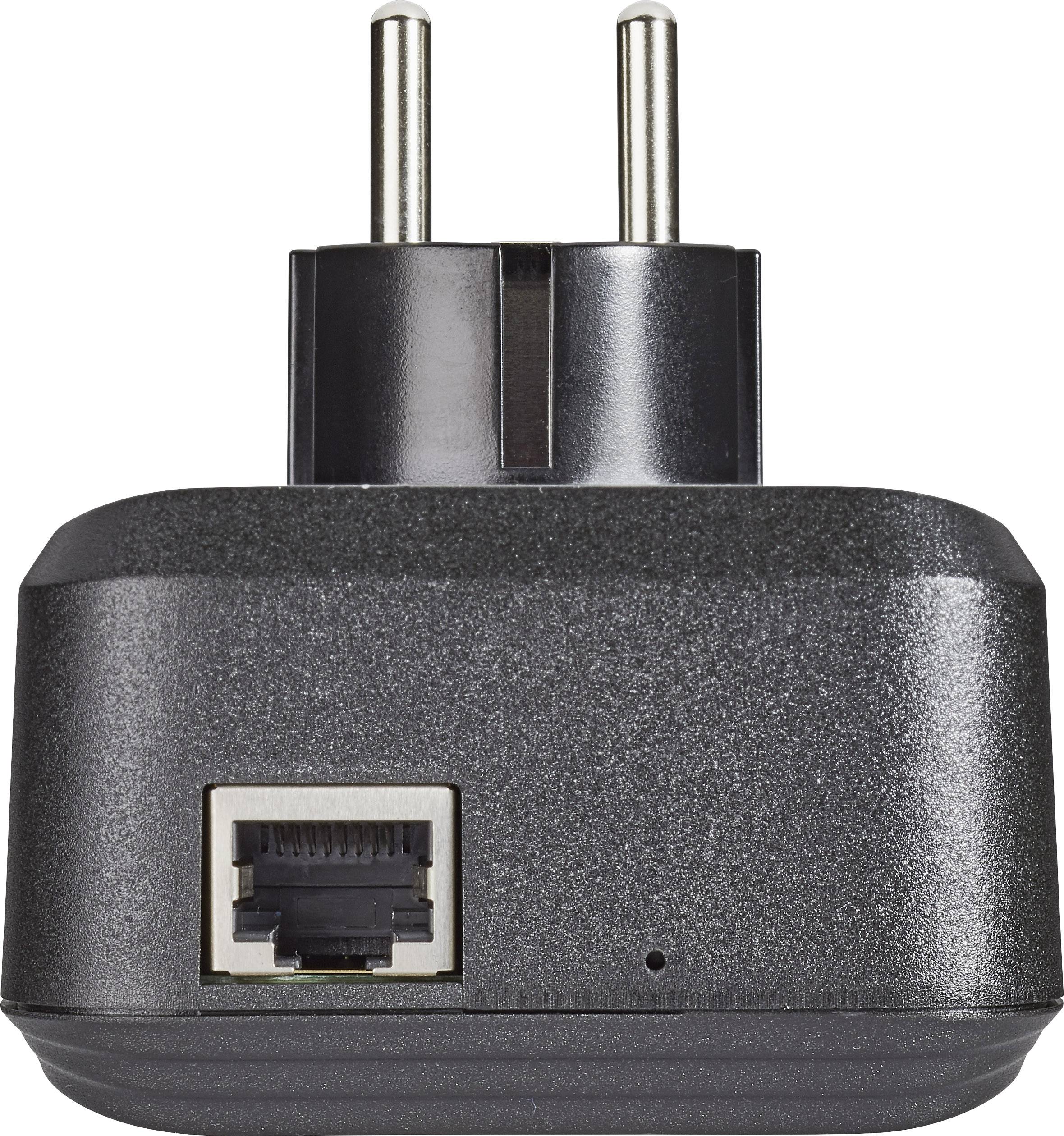 Black power supply unit with two round plugs and an Ethernet port on the front.