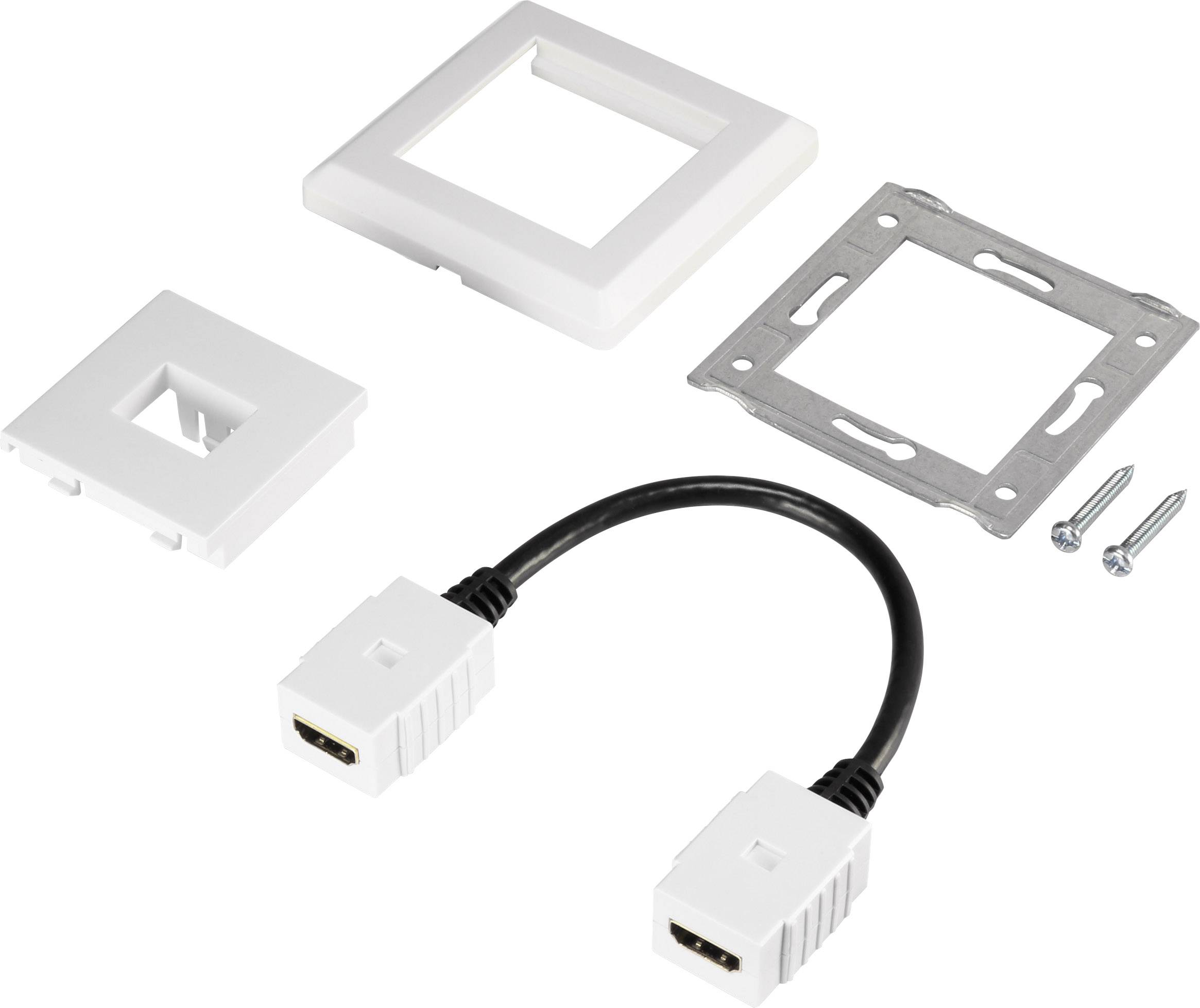 Four socket components: a plastic frame, a metal plate, an HDMI cable, and two screws.