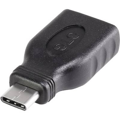 A black USB-C OTG adapter with a plastic casing enables the connection of USB-C devices to other USB devices for data transfer.