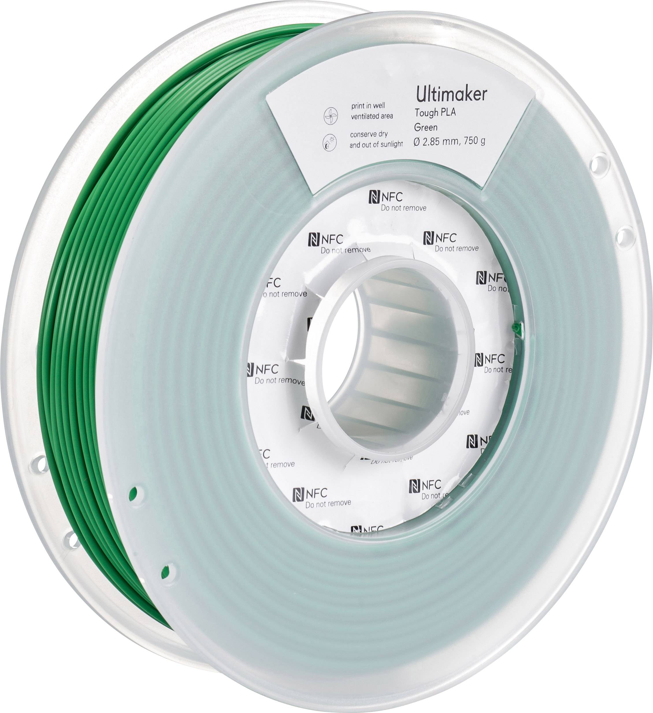 A green reel of strong PLA filament by Ultimaker, 750 g, 2.85 mm. Ideal for 3D printing.