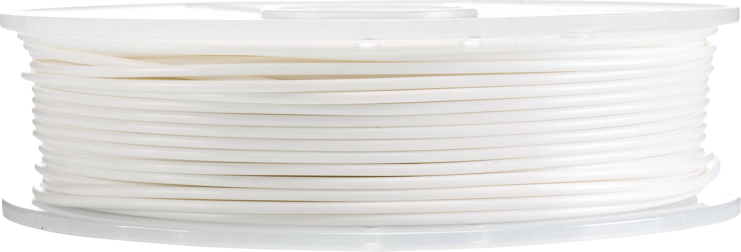 A reel of white 3D printer filament. The spool is neatly wound and ready for use in the 3D printer.
