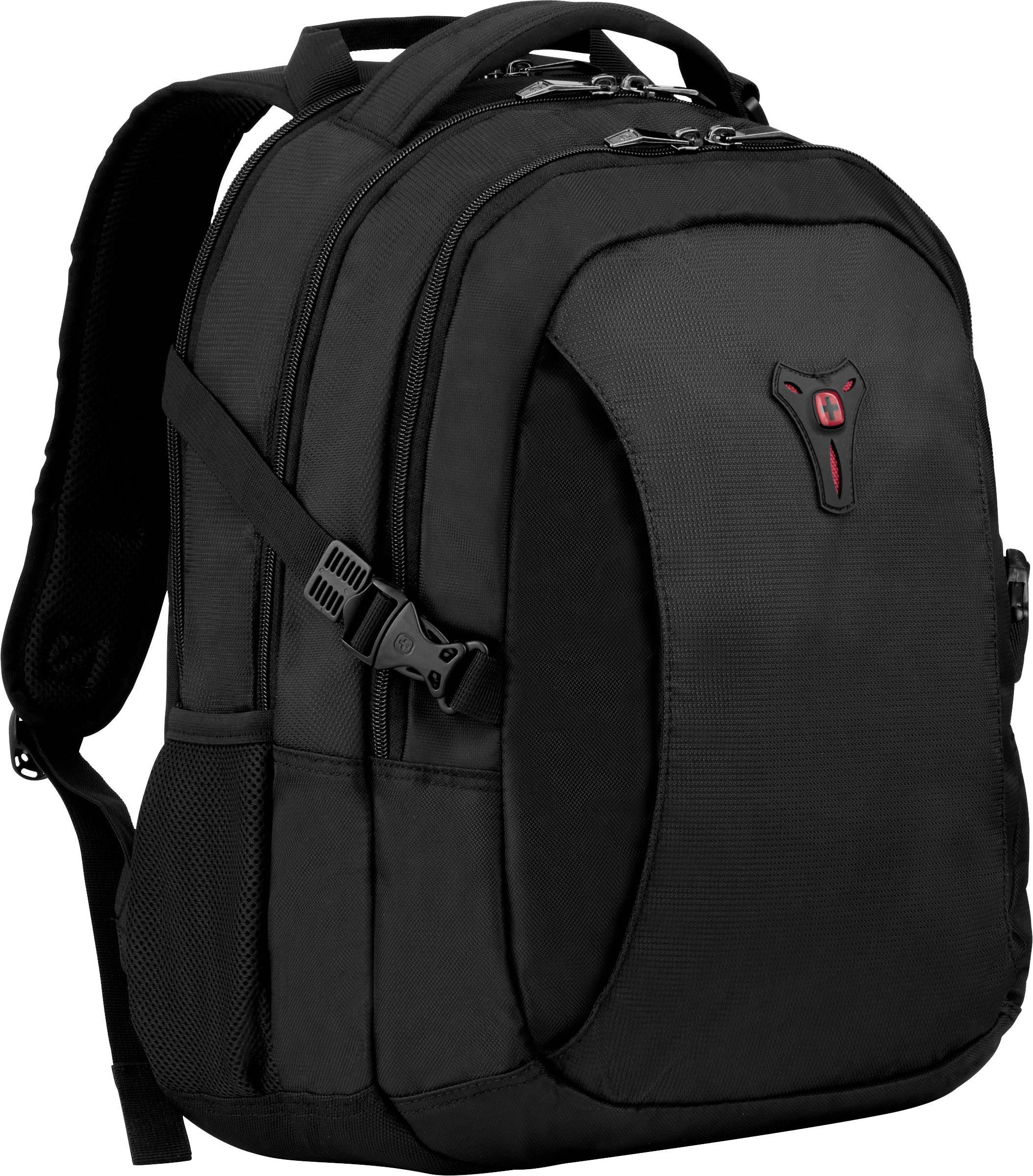 Black rucksack with multiple compartments and a logo on the front. It has padded shoulder straps and zips.