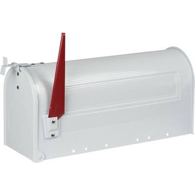 Grey postbox with a red flag raised, indicating that mail is ready for collection.