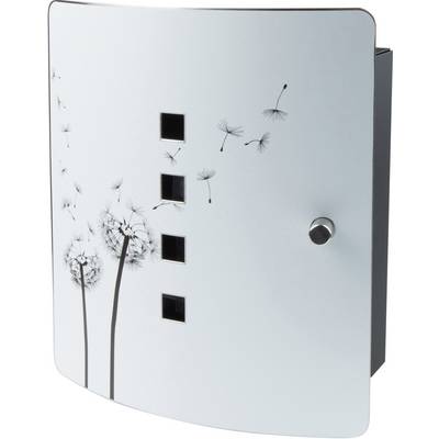 A letterbox with a modern design, adorned with dandelion motifs and four square windows.