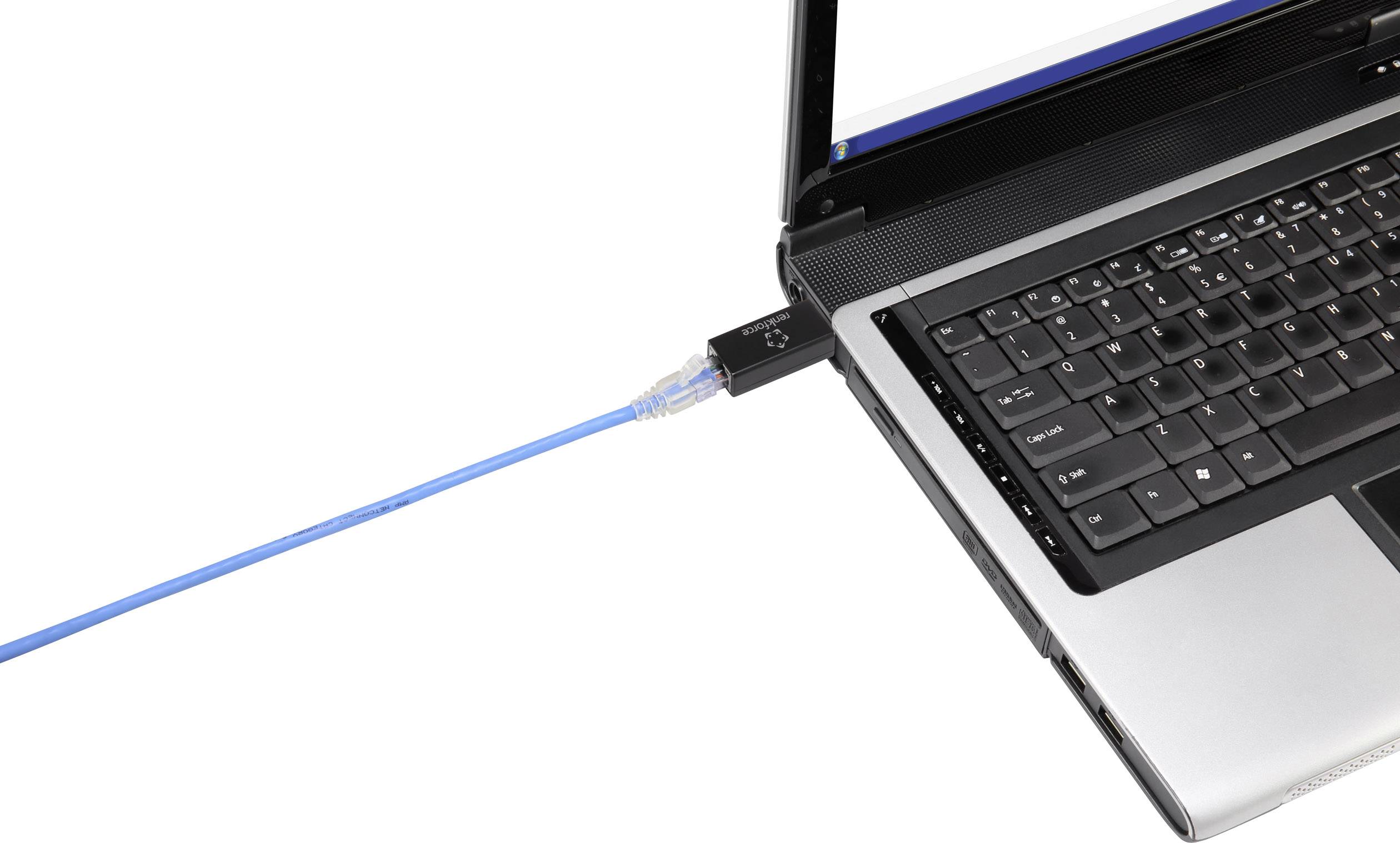 A laptop with a blue Ethernet cable connected, plugged into a network adapter on the right-hand side of the laptop.