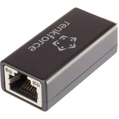 A black network adapter with an Ethernet port, lying on its side on a light surface.