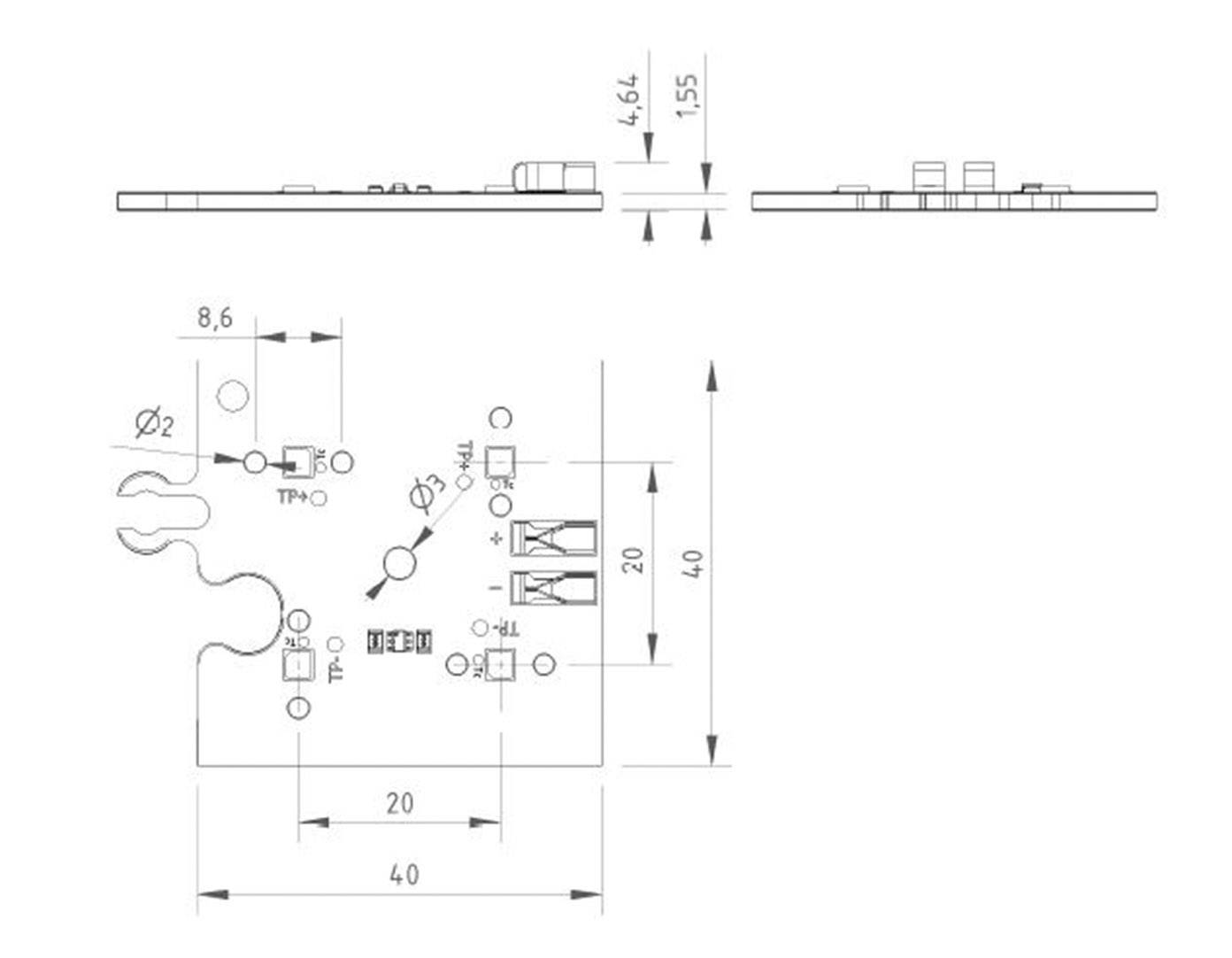 Technical drawing of a circuit board with dimensions and components. Views from the side at the top; bottom view with labels and dimensions.