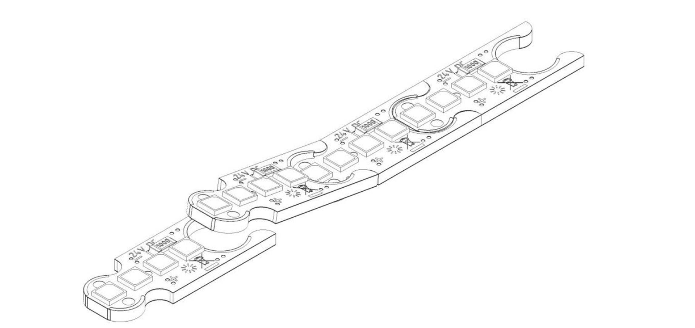 Technical drawing of an electronic component with multiple small components and connections on a curved circuit board.