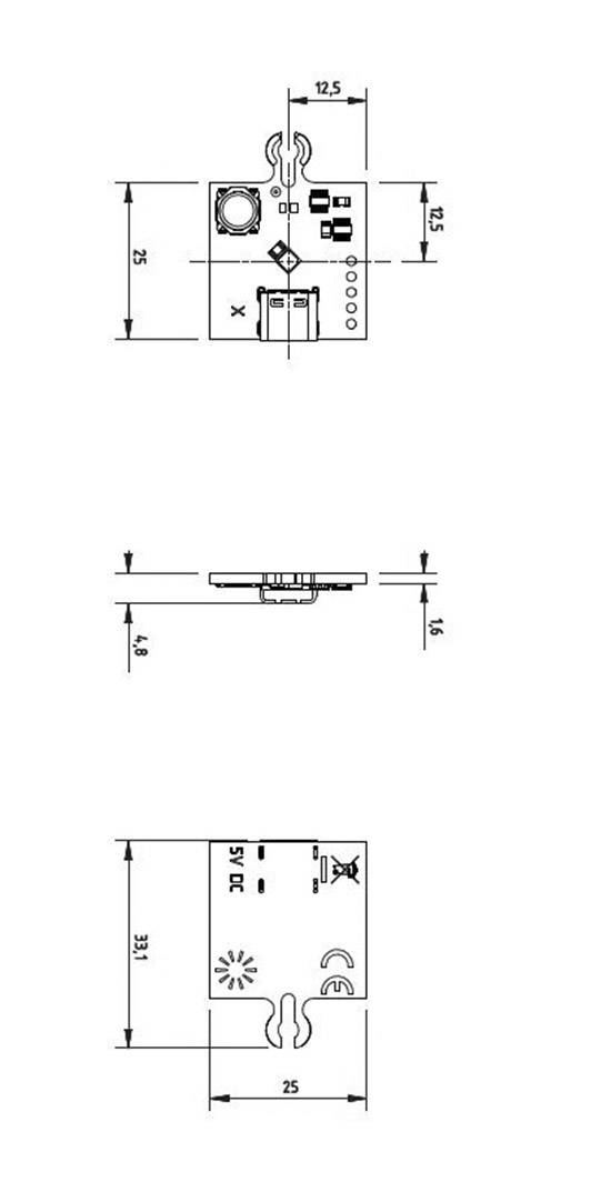 Schematic diagram with three views of an electrical component, showing length, width, and position of terminals and components for mounting purposes.