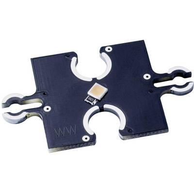 A square, flat heatsink with rounded corners and a central LED chip. Four openings on the sides for mounting purposes.
