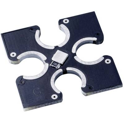 A black square metal plate with rounded corners and a central white chip, surrounded by four curved metal strips.
