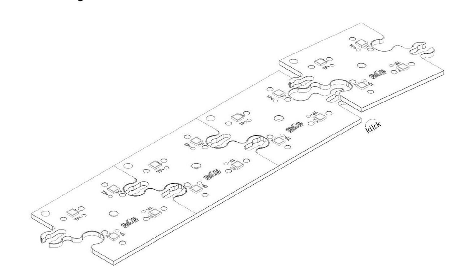 'Three electronically connected circuits in a linear configuration. Each piece has identical components and design.'