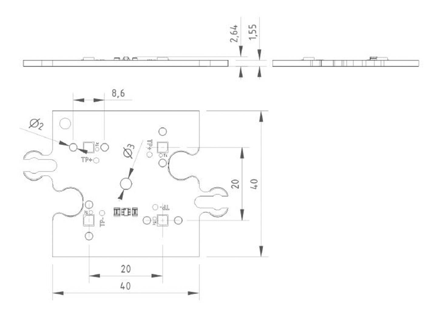 Technical drawing of a printed circuit board with dimensions: width 40 mm, height 20 mm, thickness 2.64 mm. Shows connections and drill holes.