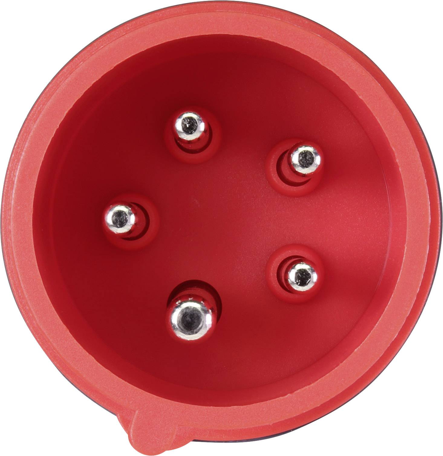 A red, circular connector with five metal pins, likely suitable for electrical or electronic connections.