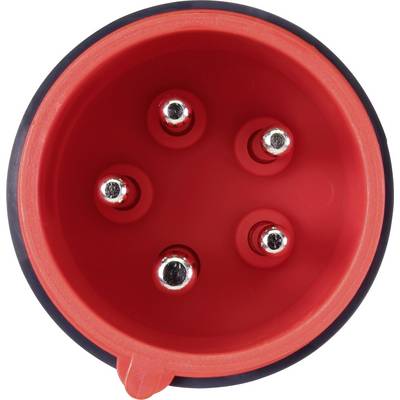 'Interior view of a red electrical connector with five metal pins. Suitable for heavy-duty connections.'