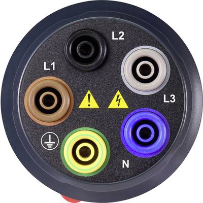 Round plug with six sockets, colour-coded: L1 (brown), L2 (black), L3 (grey), N (blue), Earth (yellow-green), two warning symbols.