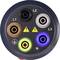 Round plug with six sockets, colour-coded: L1 (brown), L2 (black), L3 (grey), N (blue), Earth (yellow-green), two warning symbols.