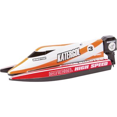 Toy racing boat with 'Katercol', 'International' and 'High Speed' printed on it. Orange and white design with two red runners.