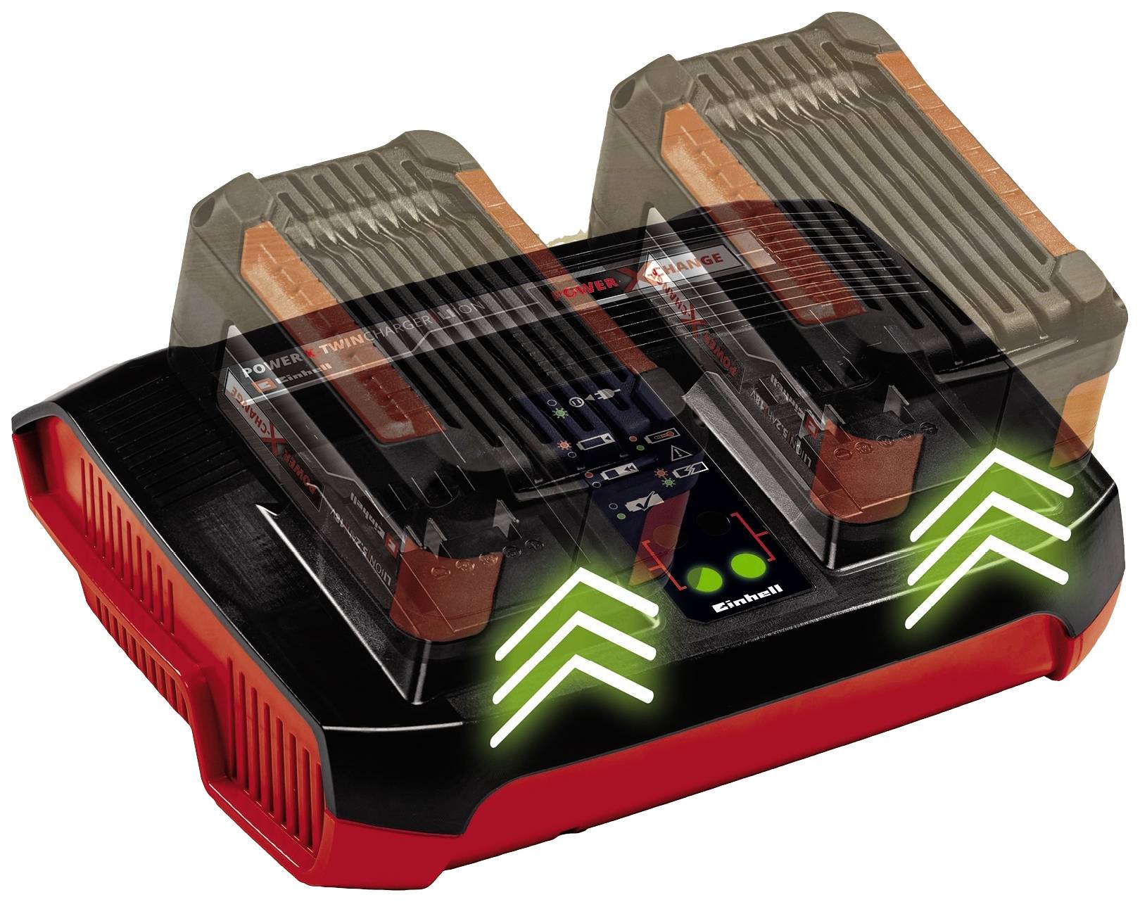 A fast charger with two slots, illuminated LED indicators and inserted batteries. Suitable for tools or devices.