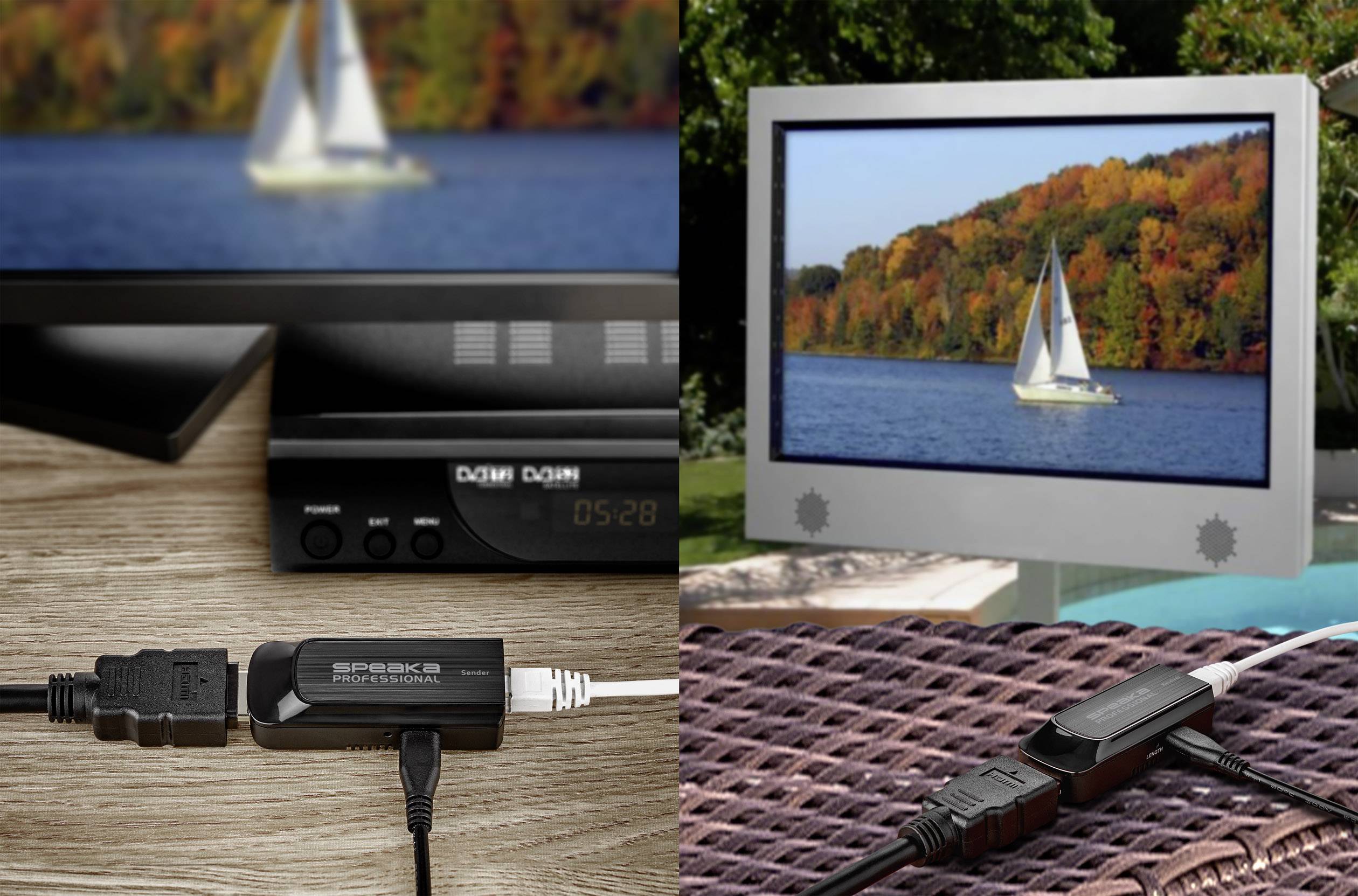 'Two pictured monitors display a sailing boat on a lake. One monitor stands on a table, the other outside on a table runner.'