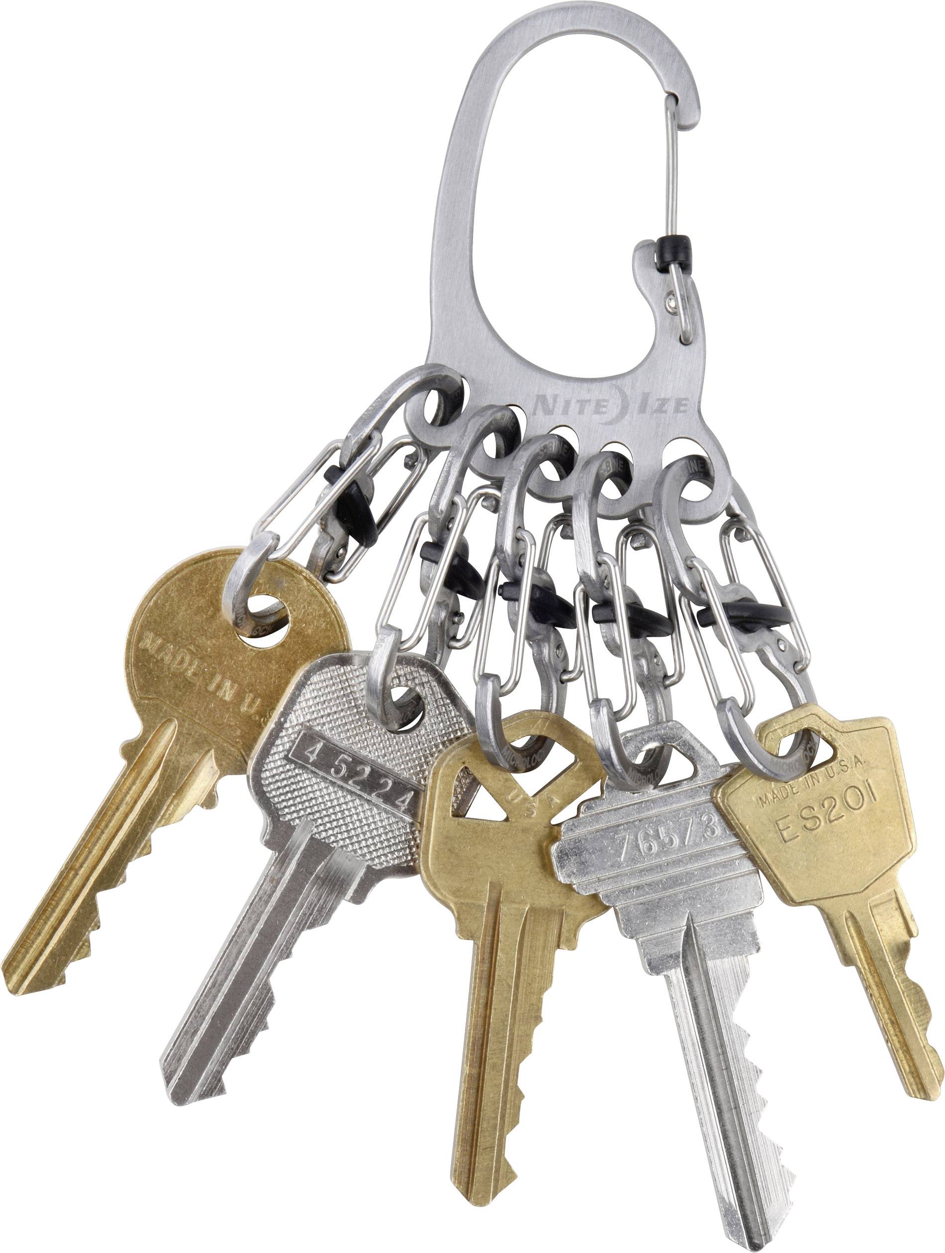A carabiner with eight different keys, each in silver and gold tones, attached.