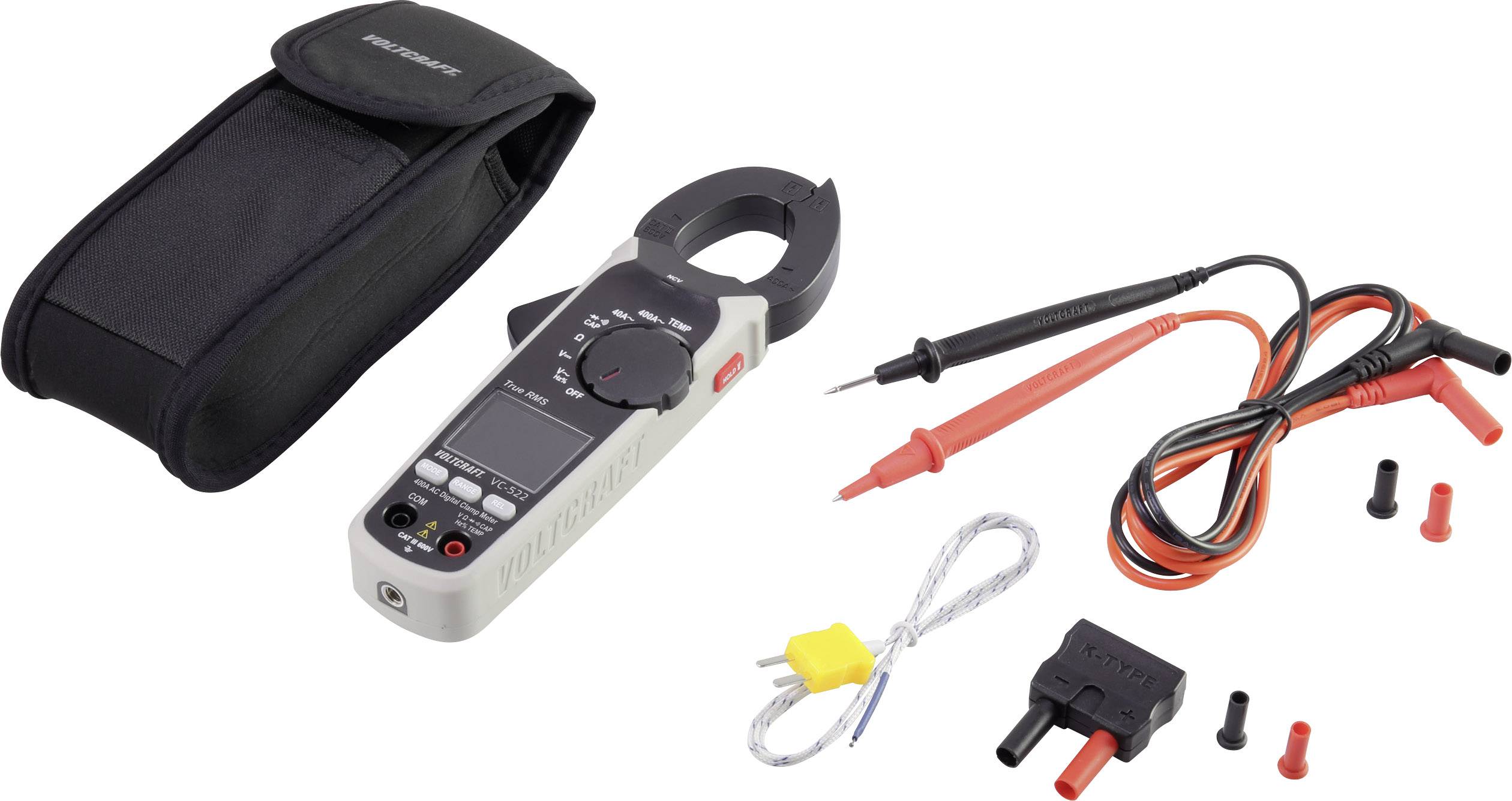 Digital clamp meter with carry case, test leads, and clips for voltage and current measurement. Ideal for electricians.
