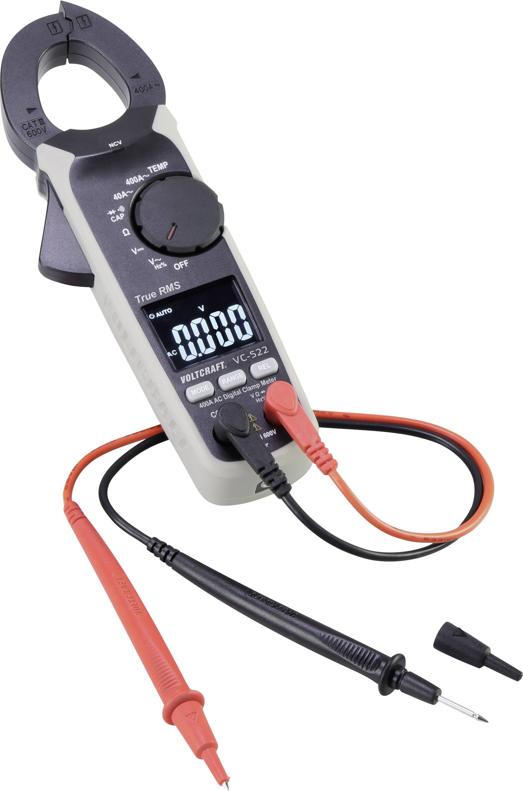 A digital clamp multimeter with multiple measurement functions, such as voltage, current, and resistance measurement, is shown.