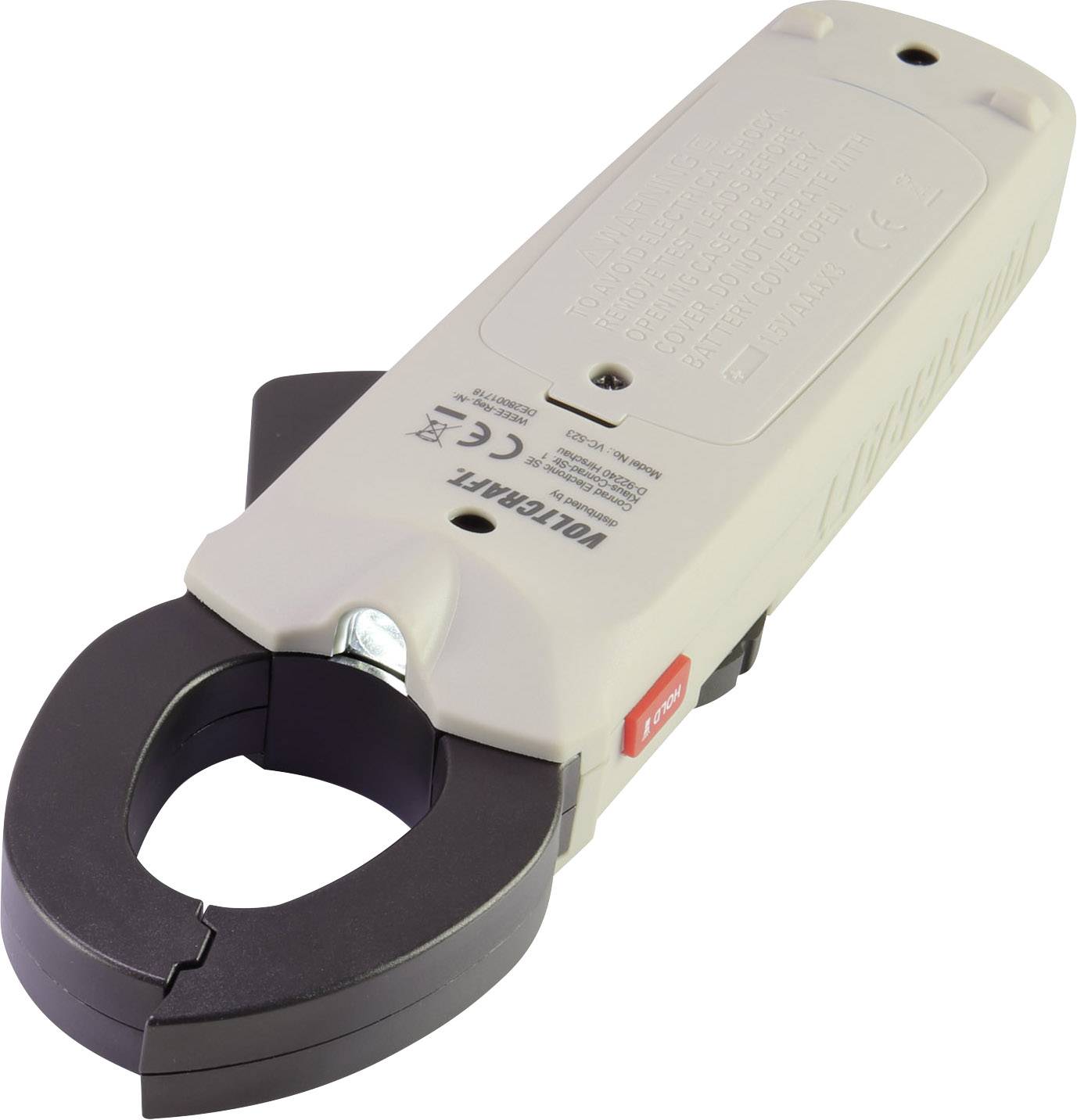 Beige current clamp with a black measurement range and red button. Used for measuring electrical currents. CE mark visible.