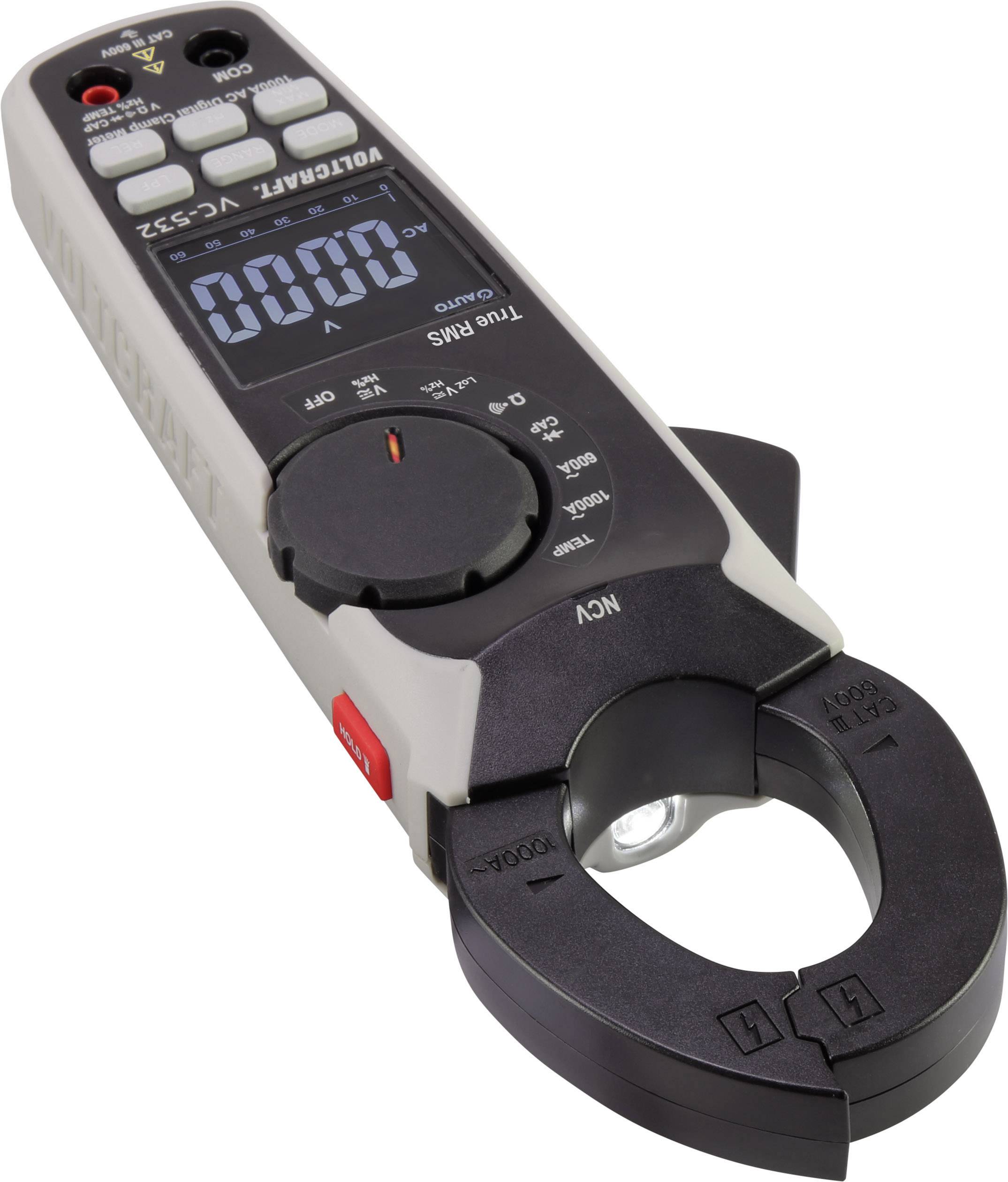 Digital electrical measuring device with clamp sensor, 'V' display, buttons and rotary dial for measuring electrical parameters.