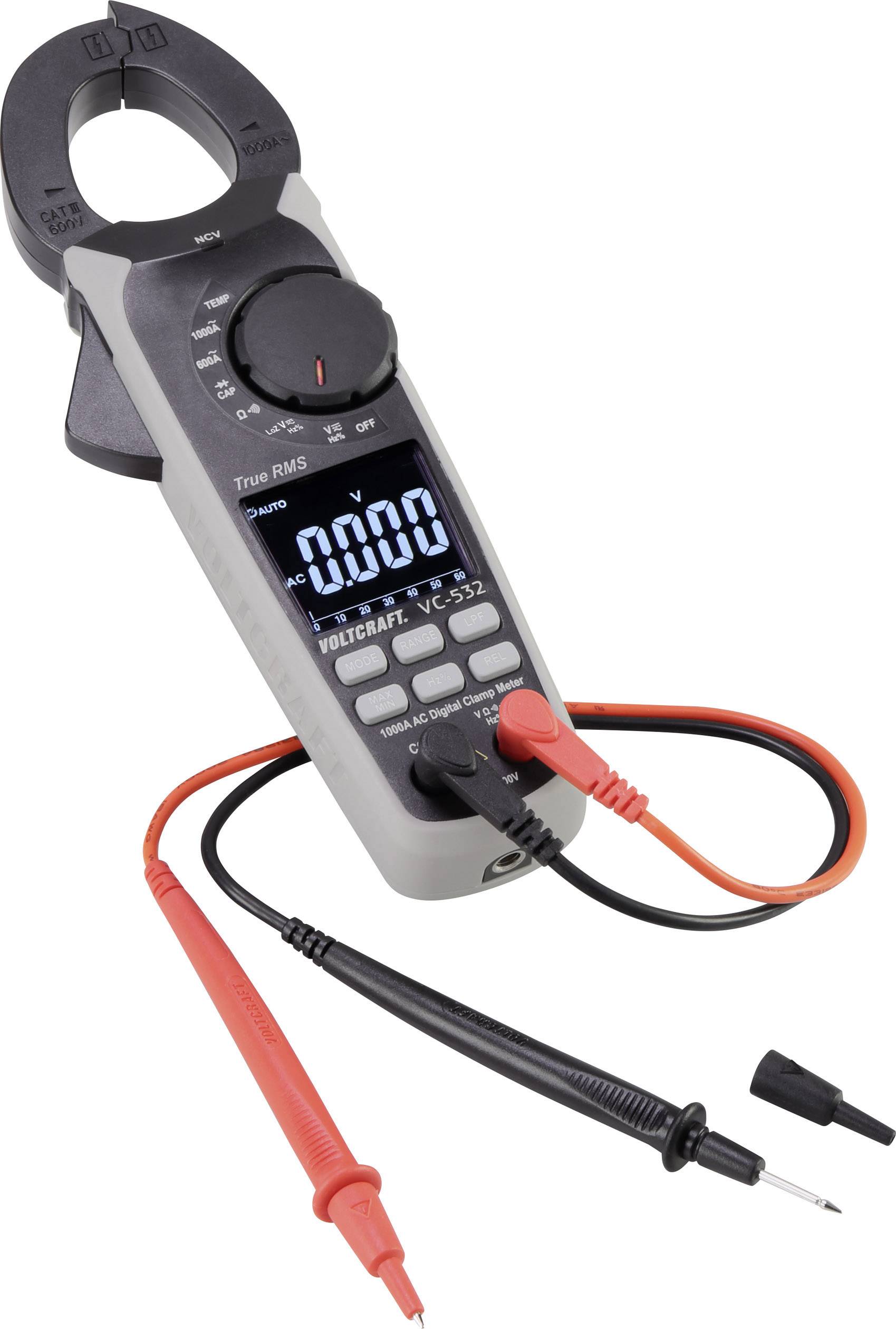 A digital clamp multimeter with a display showing current readings in amperes. Red and black test leads are connected.