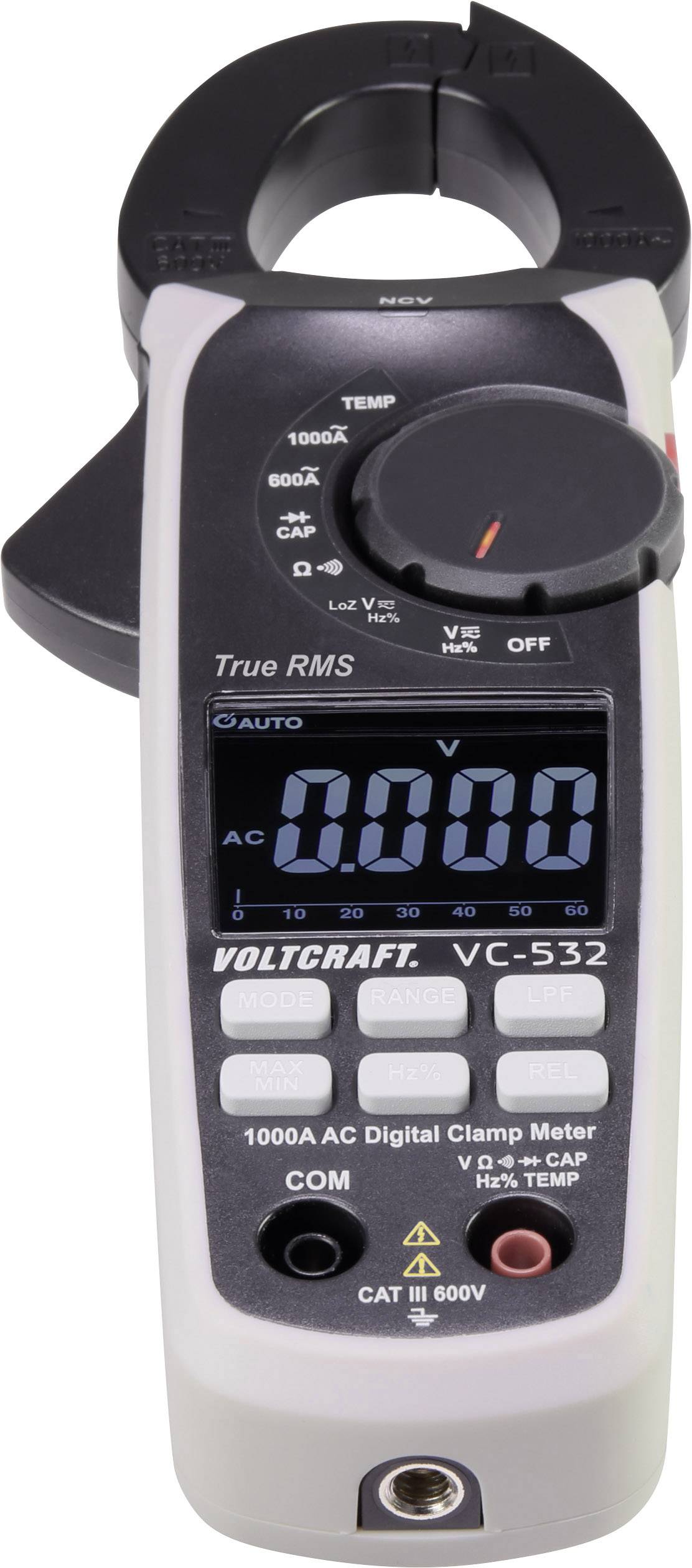 Digital Clamp Meter with LCD Display and Rotary Dial for Measuring Voltage, Current and Resistance.