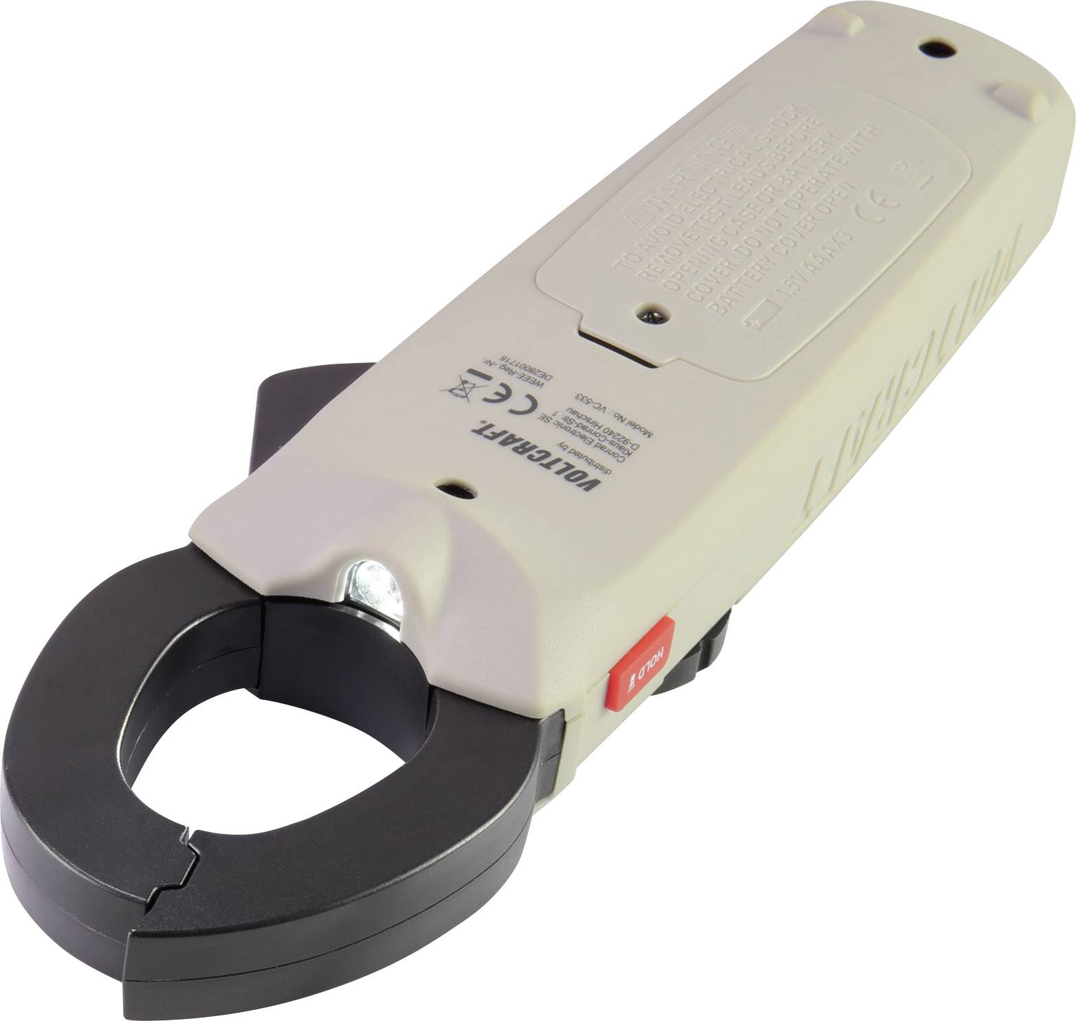 A clamp multimeter with a grey housing and black clamp, suitable for current measurement without direct contact with cables.