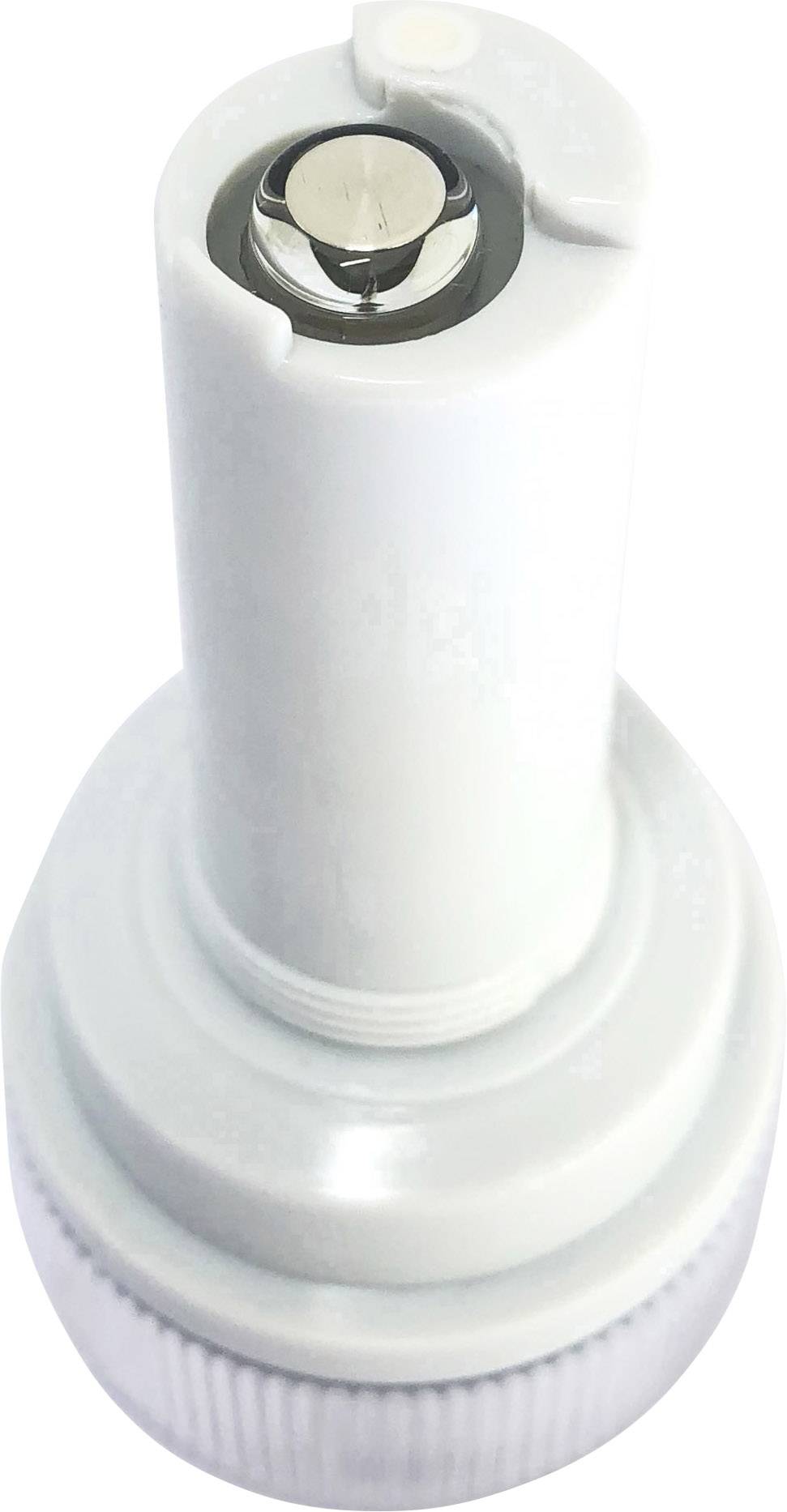 Underneath view of a white, circular medical device with a small metal dome in the centre, potentially an inhaler.