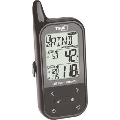 Digital barbecue thermometer with 42°C display on the screen, with various programme settings and temperature ranges.