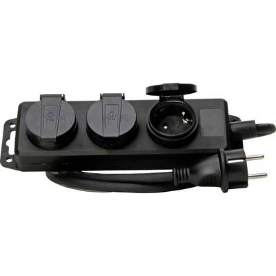 Black distributor with three sockets, two with protective covers, one open, and a connected three-pin plug.