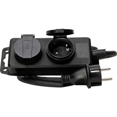 Black splashwater-protected power strip with IP44 rating, two outlets and one plug, suitable for outdoor use.