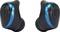 Wireless black earbuds with a blue trim, visible from left and right.
