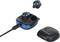 Wireless earbuds with a blue trim in a black charging case, being charged via a USB cable.
