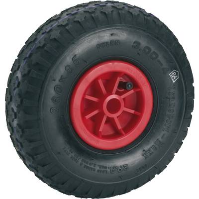 Black rubber wheel with red rim, suitable for push or sack barrows. Markings: '260x85', 'Nylon', 'Transport'.