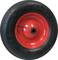 A black tyre with a red rim, suitable for wheelbarrows. The tyre has a valve for inflation and uniform grooves.