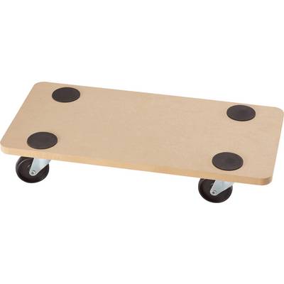A rectangular transport trolley with a wooden deck and black rubber surfaces at the corners stands on wheels, suitable for furniture transportation.