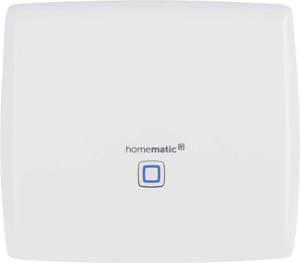 A white square device with a blue button in the centre and the inscription 'homematic IP'.