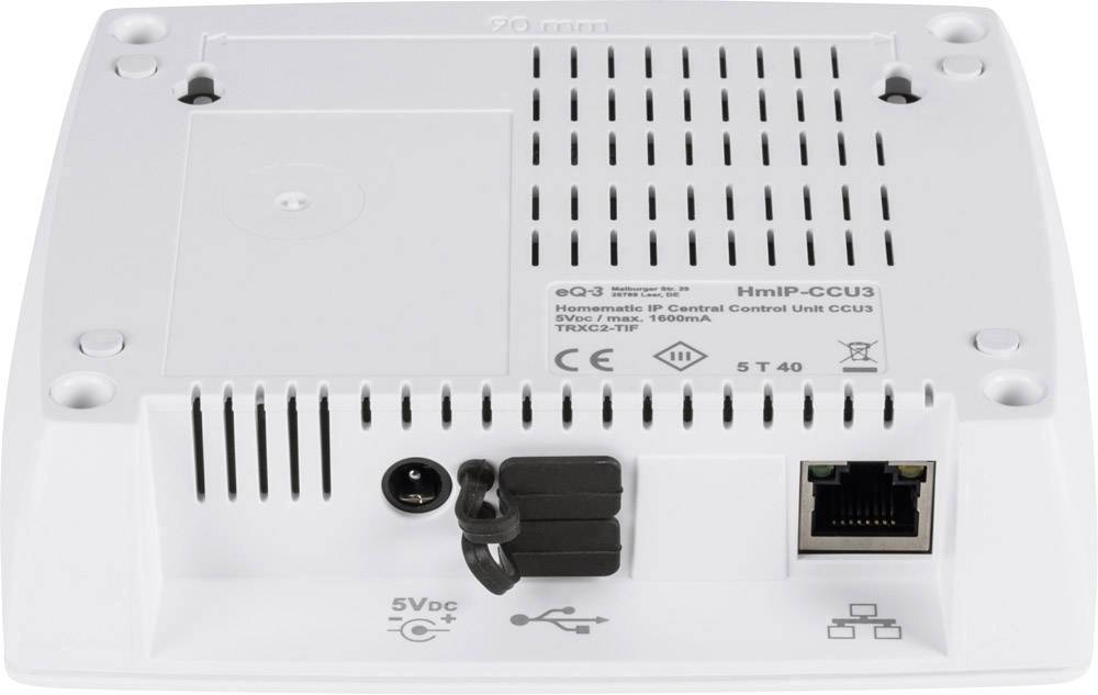 Rear view of an electronic device with network cable connection, power connection, and ventilation slots. Model: HmIP-CCU3.