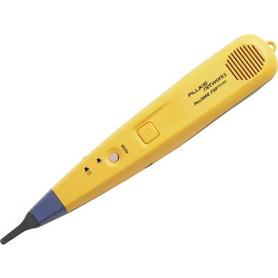 A yellow, handy electrical testing device with a blue tip and speaker, used for signal tracing in network cables.