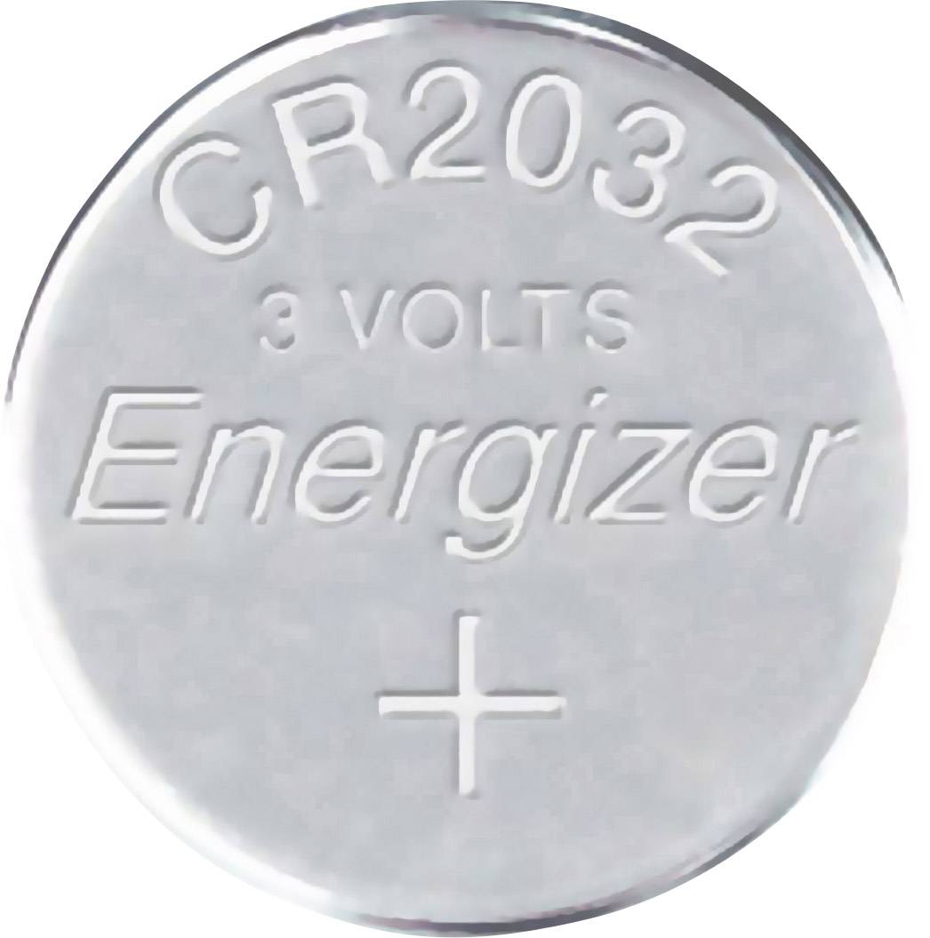 'CR2032 3 Volts Energizer' button cell battery with positive terminal symbol. Suitable for small devices such as watches or calculators.
