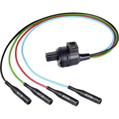 'Distribution plug with four coloured cables: red, green, blue and black. Suitable for electronic connections.'