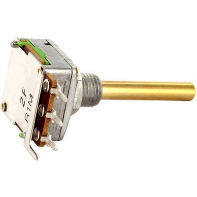 'Close-up of a single-pole rotary potentiometer with a yellow shaft and silver casing, with several socket connections on the side.'