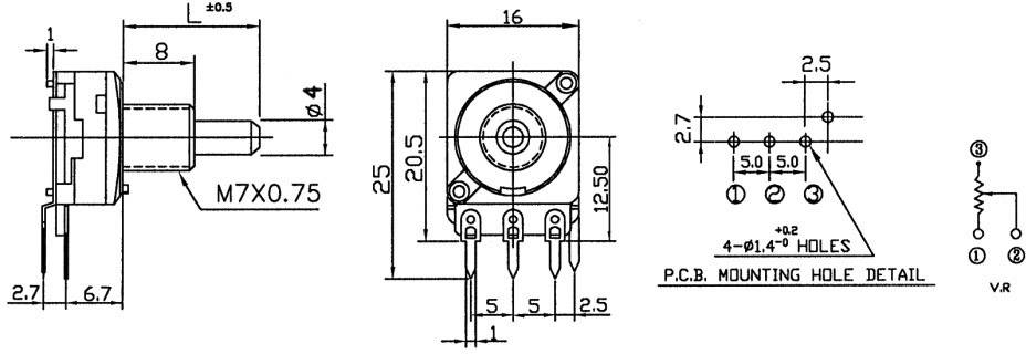 Technical drawing of a potentiometer with dimensions and drilling plan. Shows details of construction and mounting instructions.