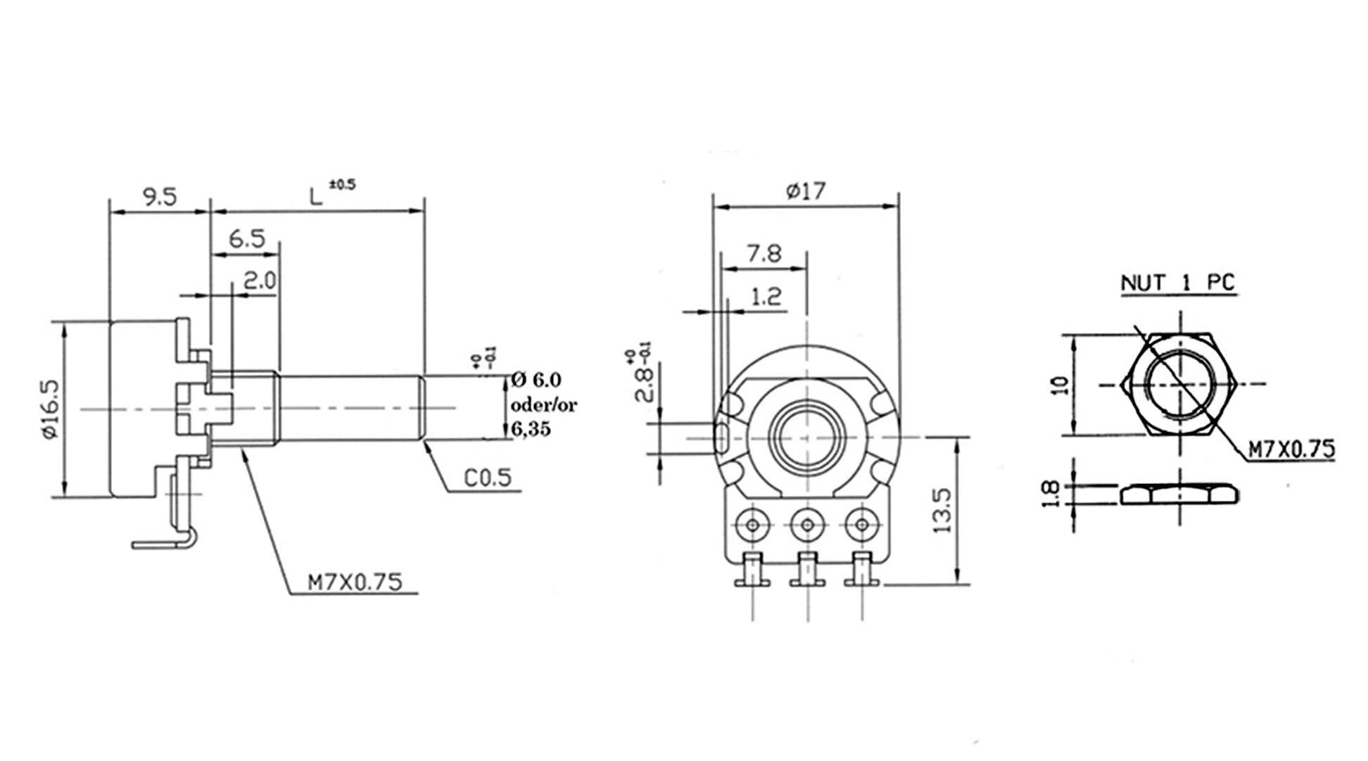 Technical drawing of an electrical potentiometer with dimensions and connections, showing side and front views with dimensional specifications.